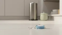 Hormigas rodean comida azul en el piso de una cocina moderna, fondo desenfocado.