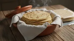 Tortillas de maíz calientes en canasta de barro sobre mesa de madera, cocina mexicana tradicional.