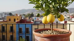 Árbol de limones en maceta en balcón con casas coloridas al fondo en México