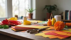 Materiales de manualidades coloridos sobre mesa, tijeras, papel y hilo para proyectos creativos.