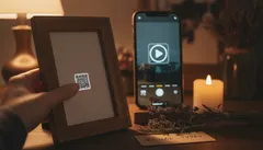Escanear código QR con celular sobre mesa decorada con vela y marco de fotos en ambiente cálido.