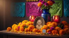 Ofrenda de Día de Muertos con foto, flores de cempasúchil y papel picado mexicano.