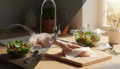 Preparación segura de pollo y ensalada en cocina iluminada, higiene y alimentos frescos.