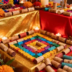 Ofrenda de Día de Muertos decorada con corchos de colores y velas encendidas en México.
