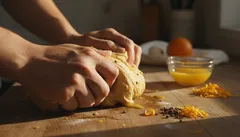 Manos amasando masa de pan con ralladura de naranja y especias en mesa de madera