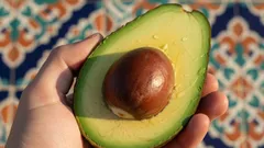 Mano sosteniendo mitad de aguacate fresco, fondo colorido mexicano.