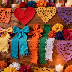 Ofrenda tradicional mexicana con papel picado, velas y flores de Día de Muertos.
